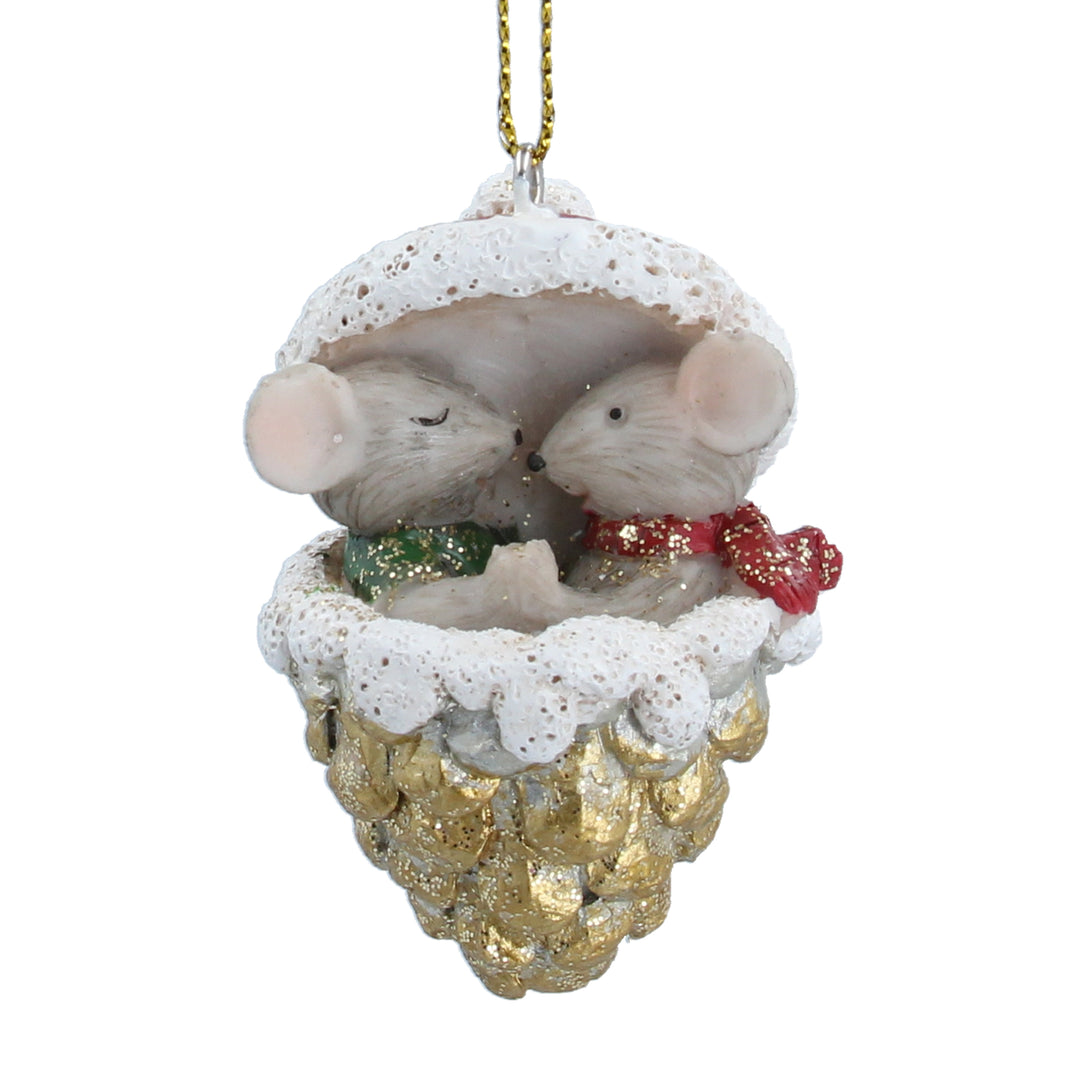 Gold resin mice in a cone-shaped Christmas decoration by Gisela Graham, perfect for holiday home decor.