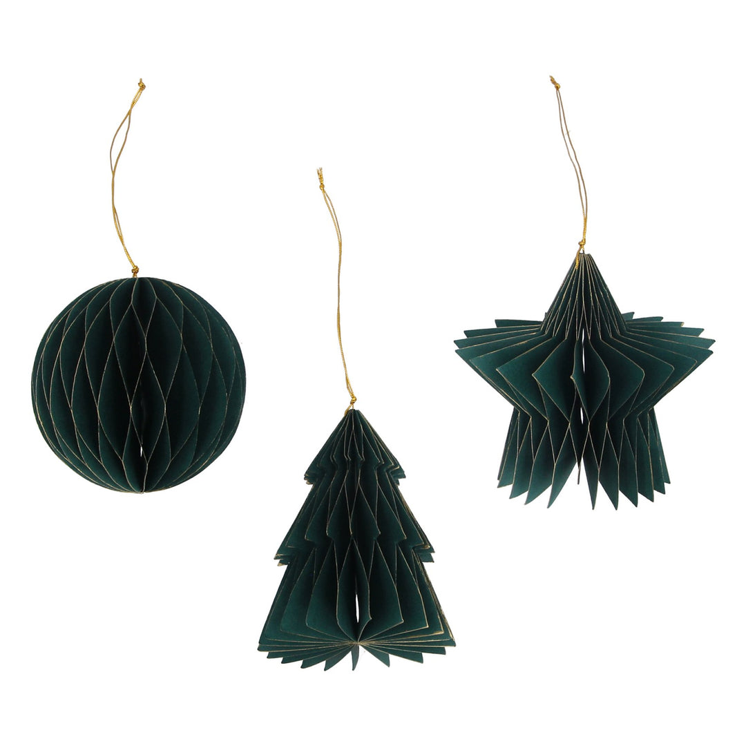 Green paper star and tree decorations for Christmas, by Gisela Graham, perfect for festive home decor.