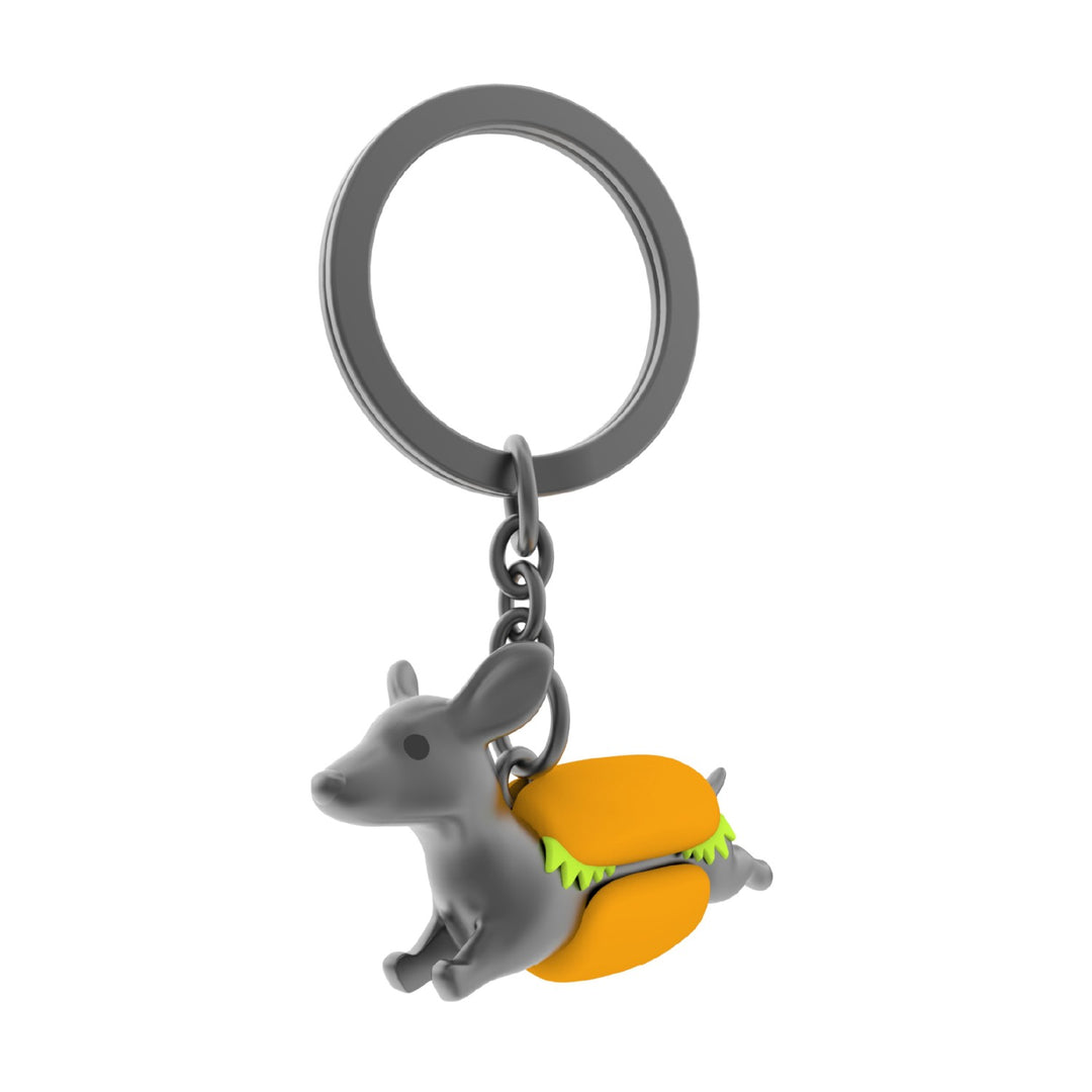 Grey hotdog dachshund keyring by Oli Olsen featuring a cute dachshund shape on a keyring, perfect for keys or bags.