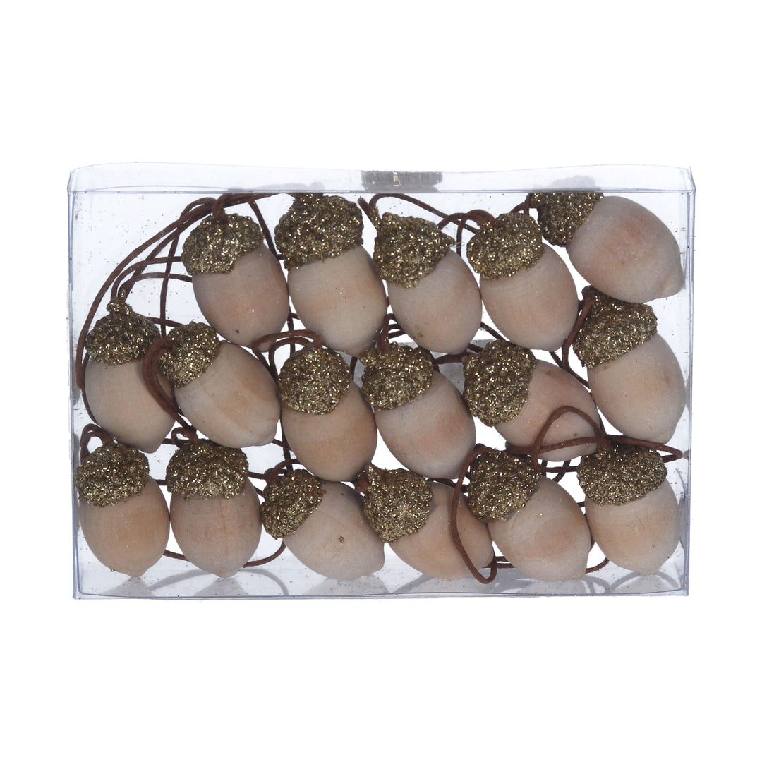 Gisela Graham Christmas gold sparkling acorns decoration in a box of 18, made of wood with glittering gold finish.