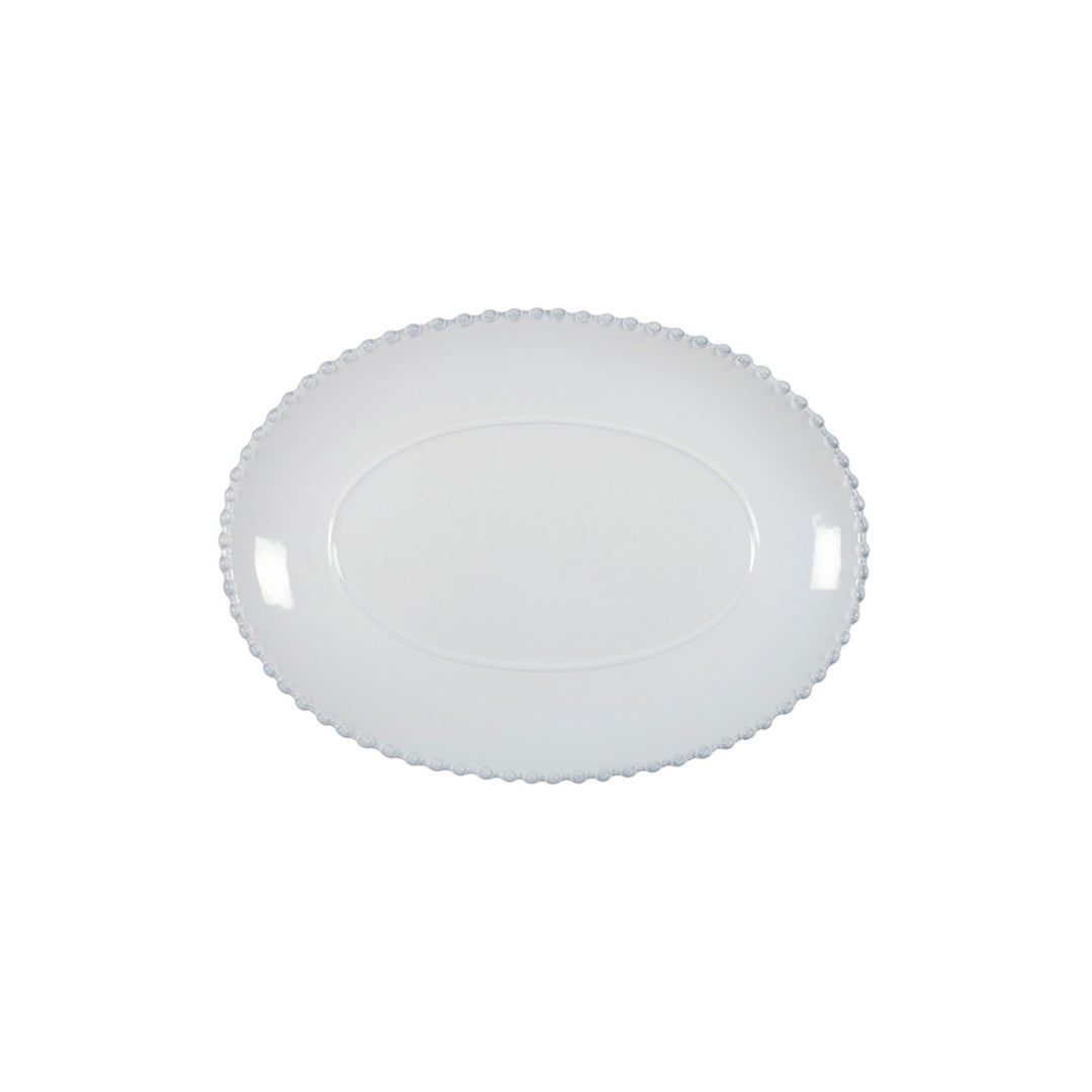 Pearl white oval platter by Cornucopia Home and Gift, 34cm, elegant ceramic serving dish with smooth finish and decorative edges.