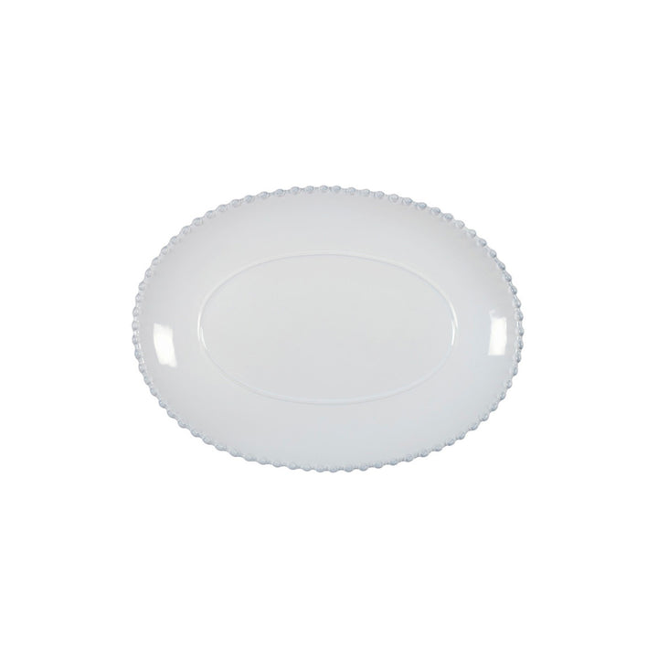 Pearl white oval platter by Cornucopia Home and Gift, 34cm, elegant ceramic serving dish with smooth finish and decorative edges.