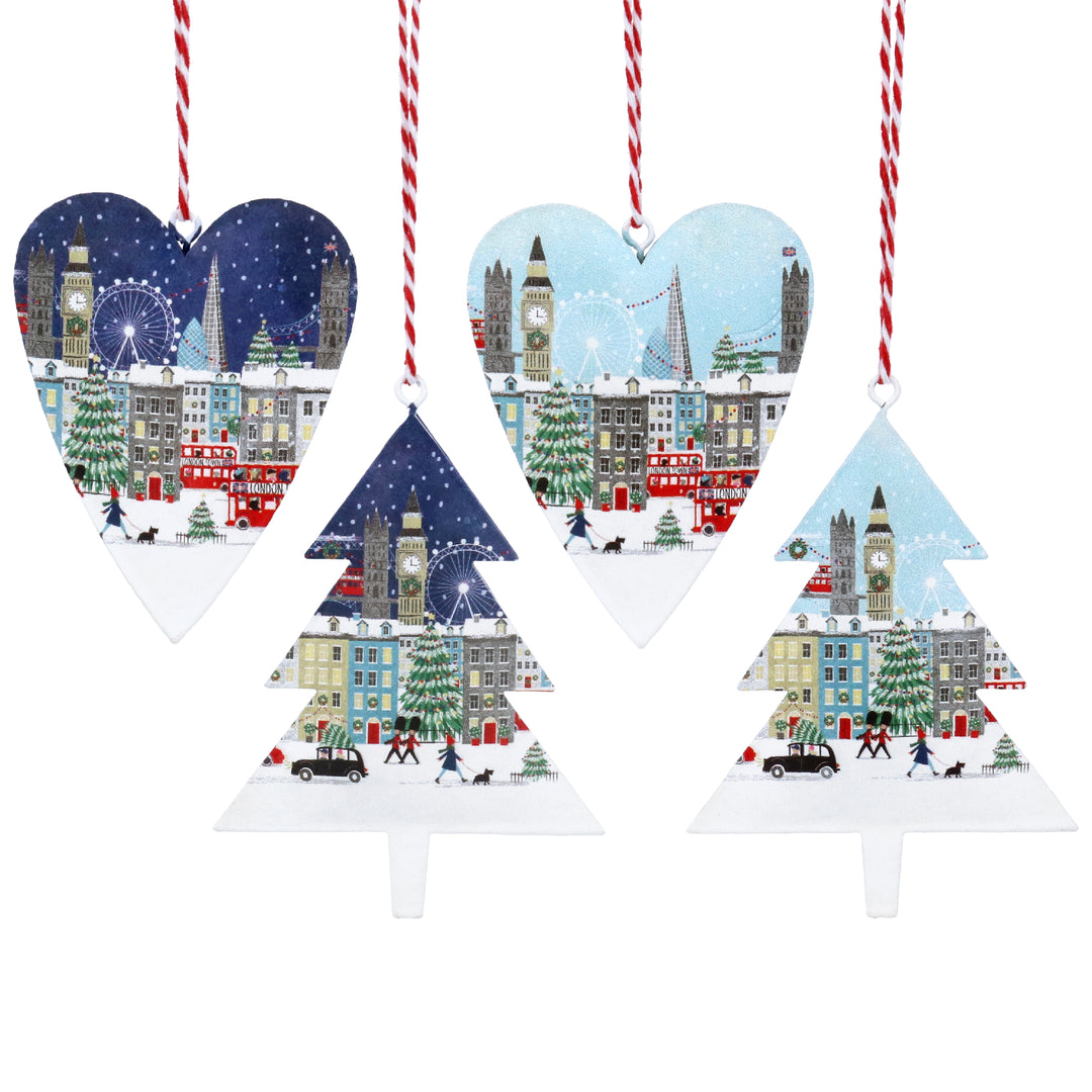 Gisela Graham London scene tin decorations with four assorted designs for Christmas, featuring detailed festive illustrations.
