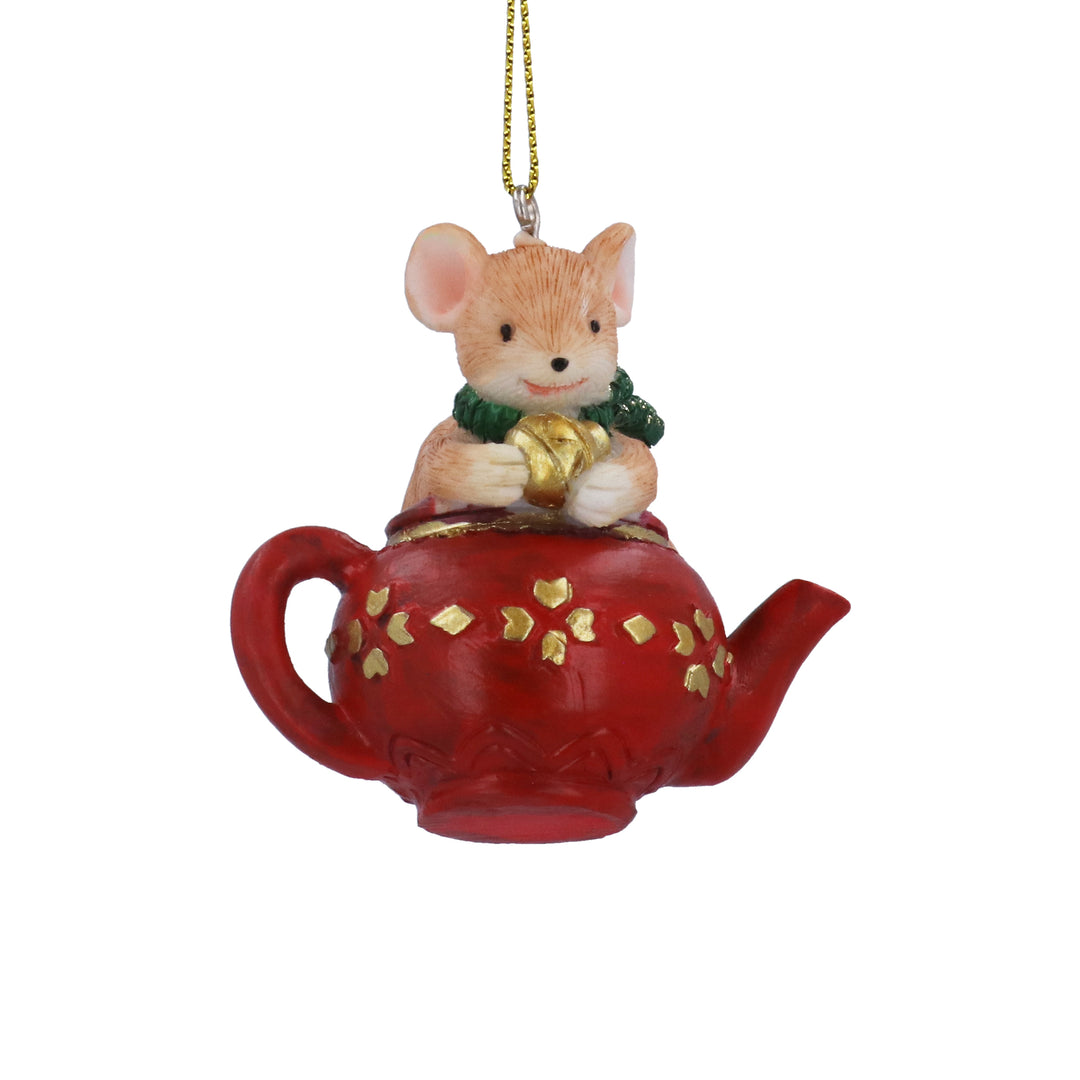Gisela Graham Christmas mouse hanging decoration in a teapot design, featuring festive details for holiday decor.