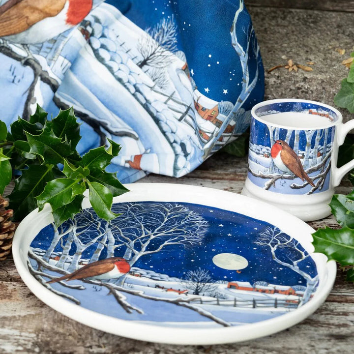 Emma Bridgewater Midnight Robin flat serving plate featuring a festive robin design, perfect for holiday table settings.