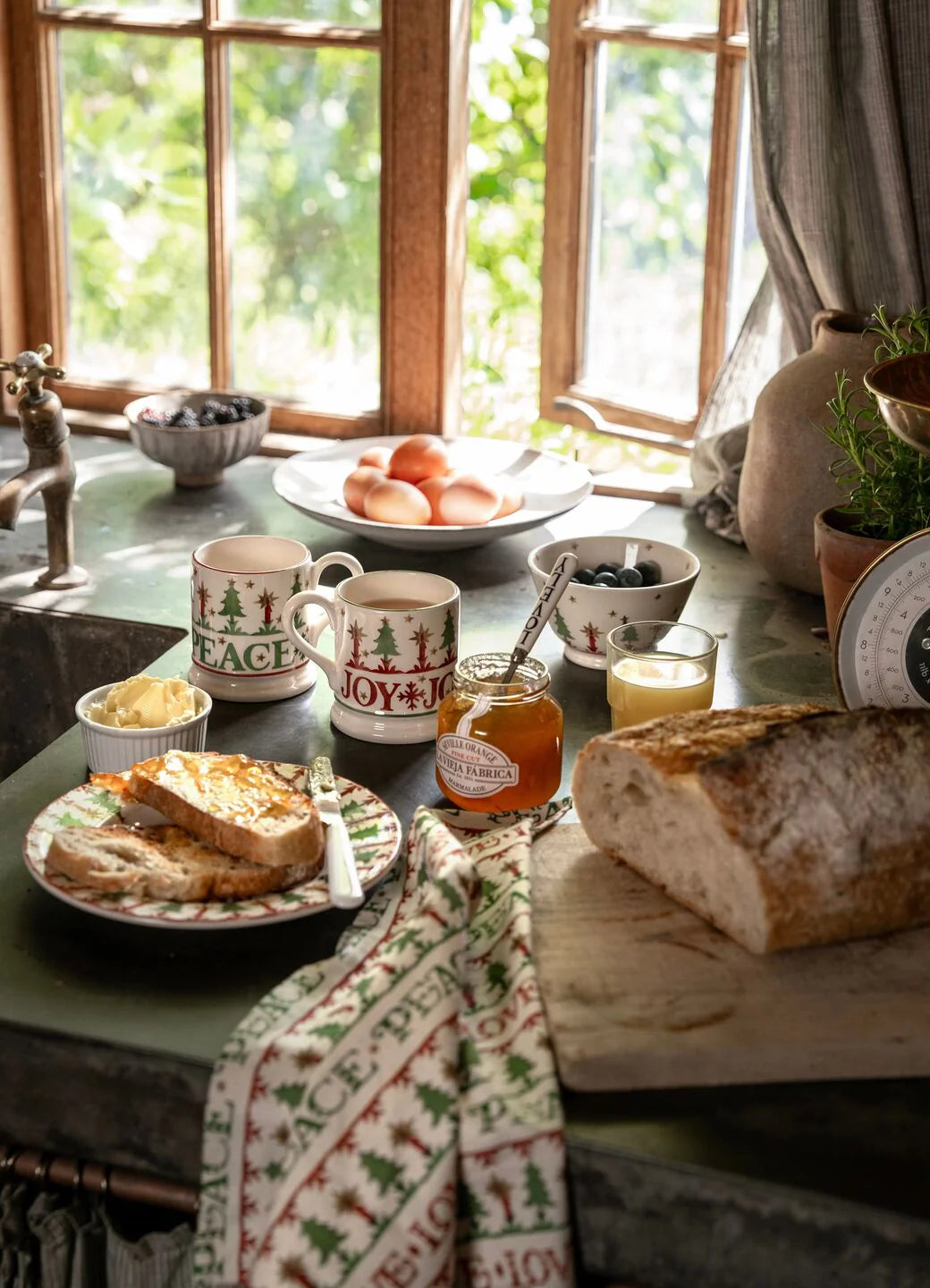 Emma Bridgewater Christmas Joy &amp; Peace set of 2 half pint mugs with festive holiday designs, boxed for gift-giving.