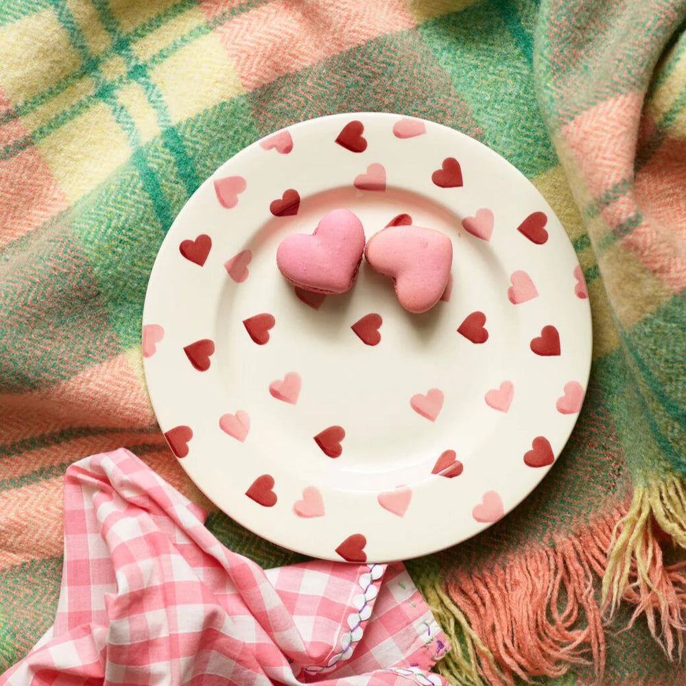 Emma Bridgewater pink hearts 8.5-inch plate with a charming heart pattern on white ceramic.