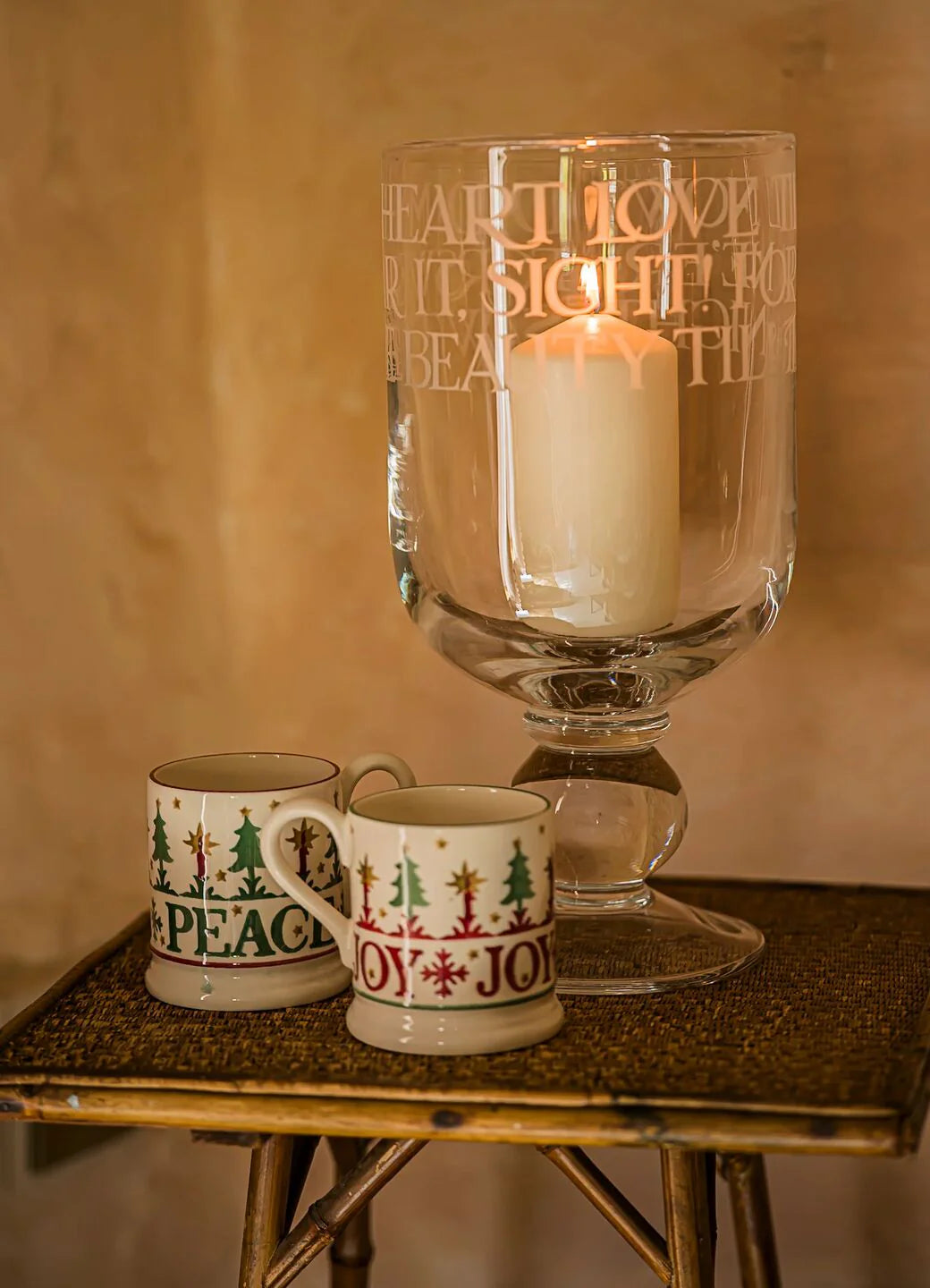 Emma Bridgewater Christmas Joy and Peace set of 2 half pint mugs with festive designs, boxed for holiday gifting.