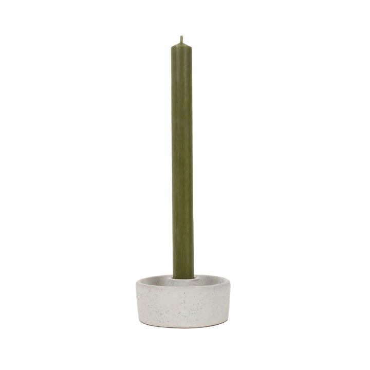 St Eval Olive Dinner Candle from Cornucopia Home and Gift, displaying a polished green candle with olive design details.