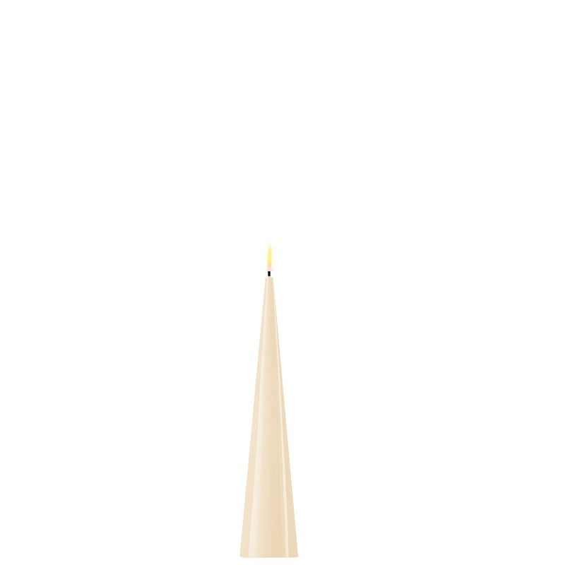 Cream-colored cone candle from Cornucopia Home and Gift's Deluxe Home Art collection, measuring 20 cm tall.
