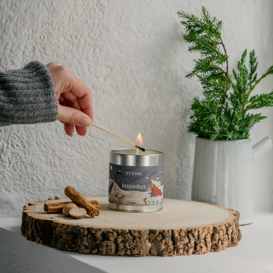 St Eval Christmas Inspiritus scented tin candle with festive holiday design in a metal container, ideal for seasonal home decor
