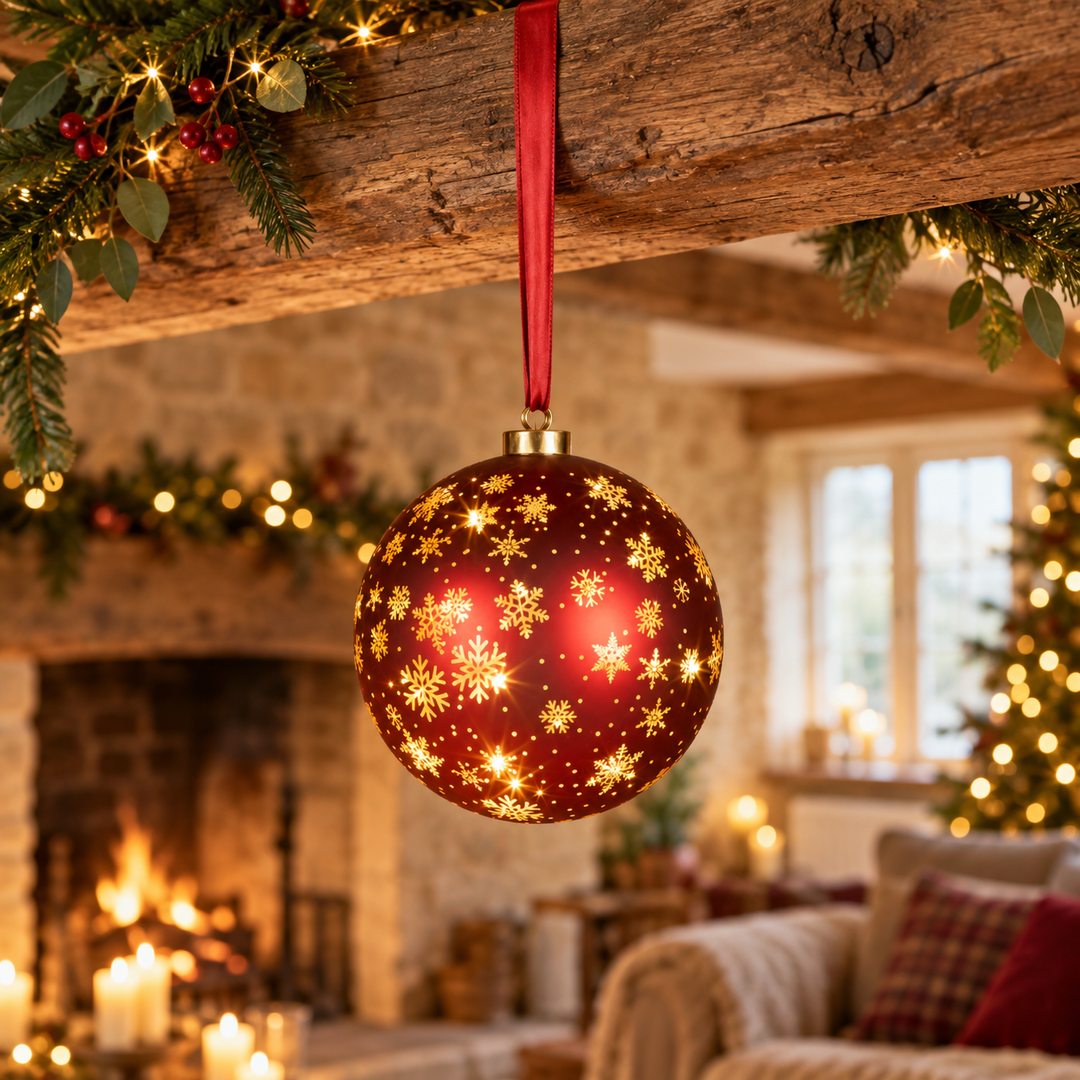 Red Glass Rotating Micro LED Bauble - Battery Operated, 19cm
