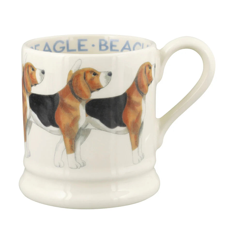 Emma Bridgewater Beagle Dogs ½ Pint Mug featuring detailed illustration of beagle dogs on a white ceramic mug