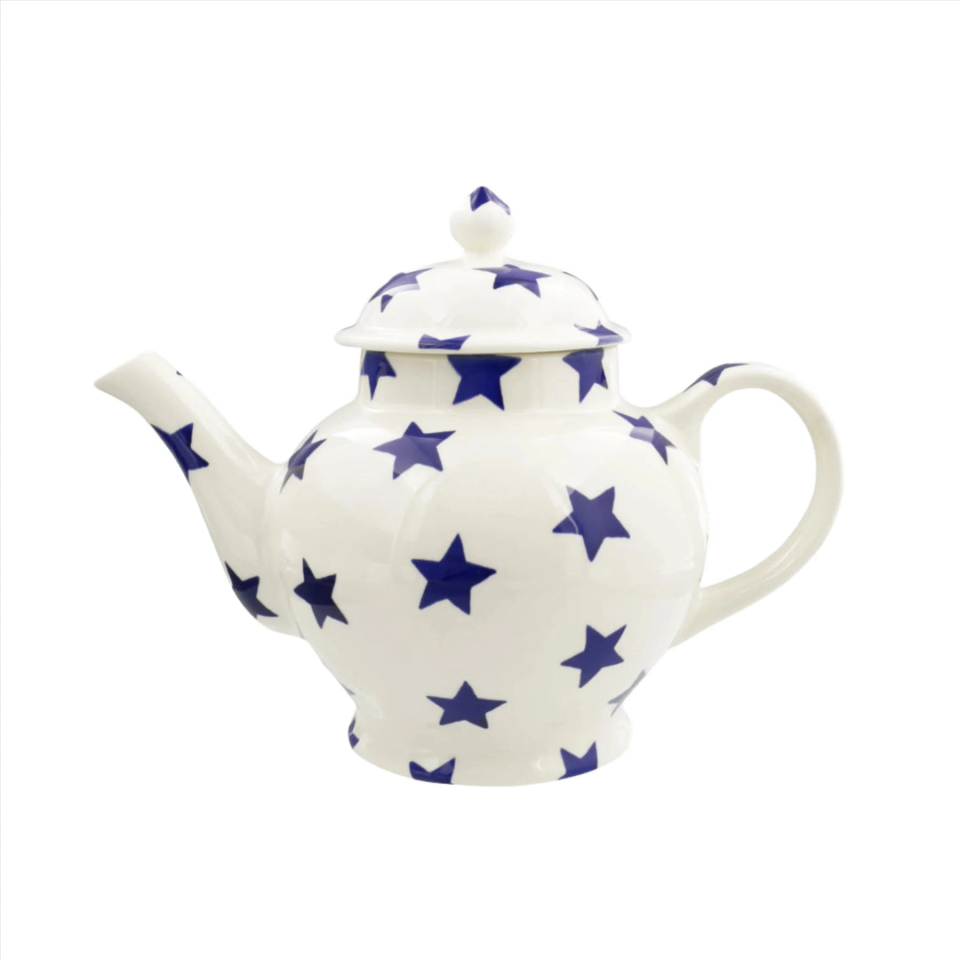 Emma Bridgewater Blue Star 4 Mug Teapot in a boxed set, featuring classic blue star design and ceramic craftsmanship.