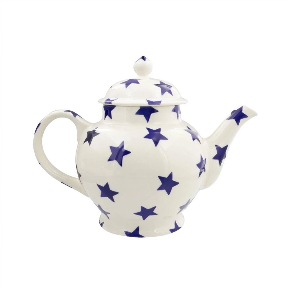 Emma Bridgewater Blue Star 4 Mug Teapot with box, ceramic teapot featuring blue star design and handle in a traditional style.
