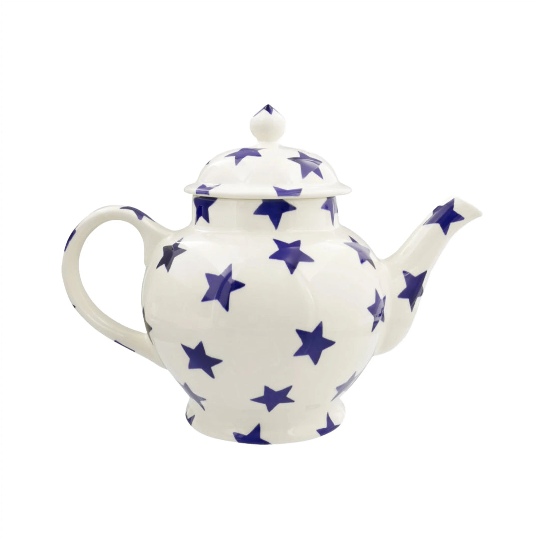 Emma Bridgewater Blue Star 4 Mug Teapot with box, ceramic teapot featuring blue star design and handle in a traditional style.