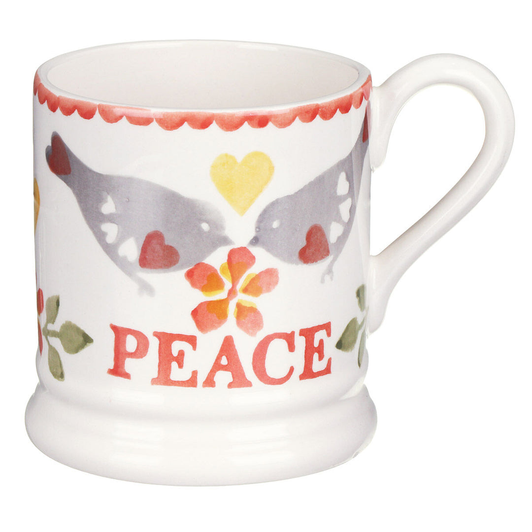 Emma Bridgewater Peace Lovebirds coral half-pint mug featuring colorful lovebird design on ceramic mug.