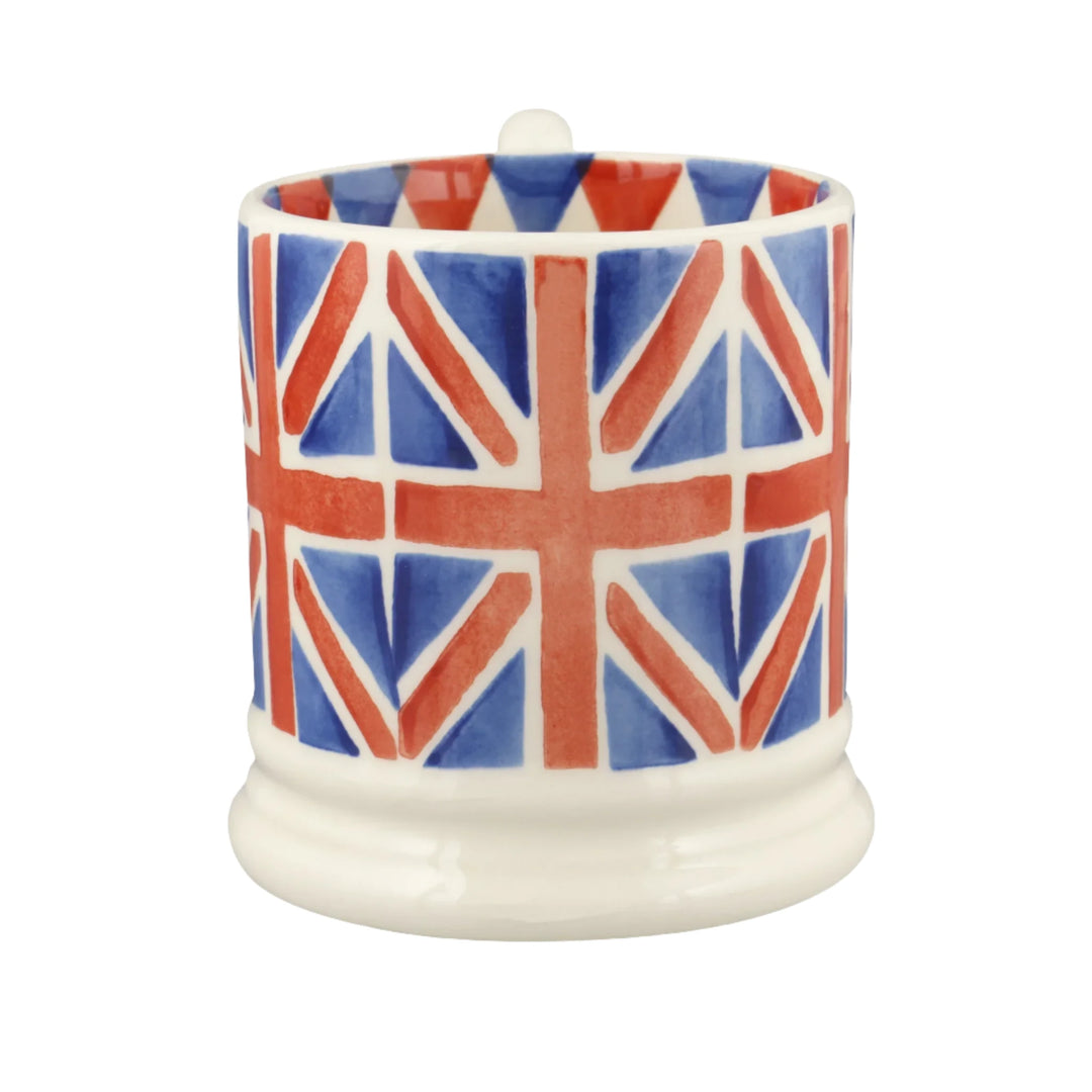 Emma Bridgewater London Icons Union Jack ½ pint mug with a gray background and British flag design, ideal for tea or coffee.
