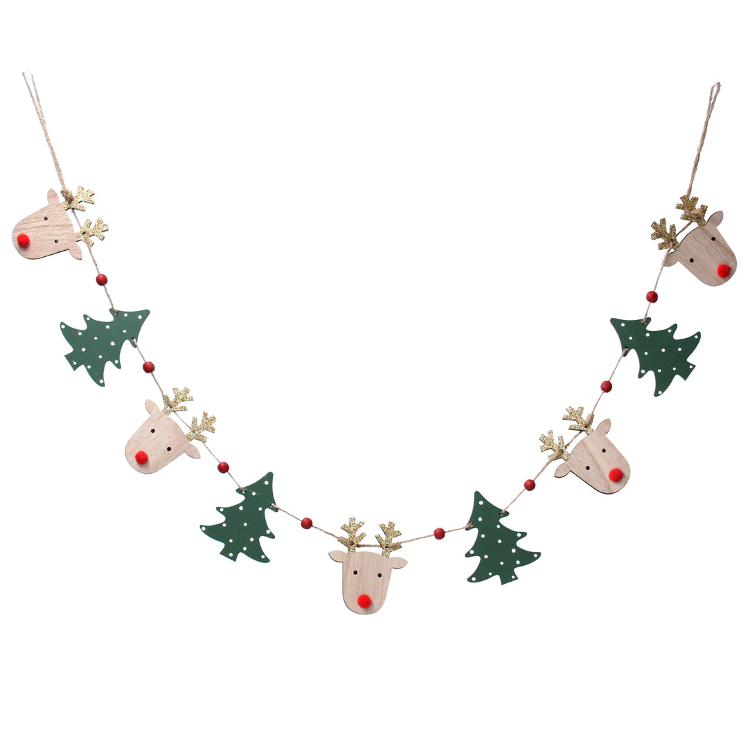 Wood Deer Head &amp; Trees String Garland