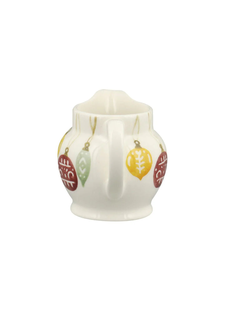 Emma Bridgewater Christmas tiny jug with festive baubles design, shown in a boxed set, featuring colorful holiday-themed ceramic decor.