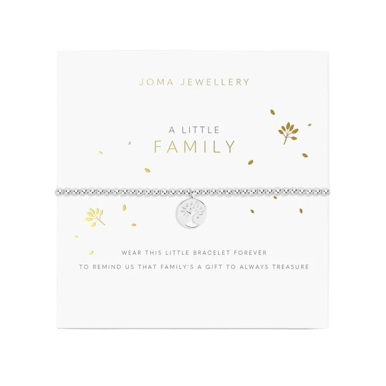 Gold 'Family' bracelet by Joma Jewellery featuring delicate chain and charm, perfect for sentimental family-themed jewelry.