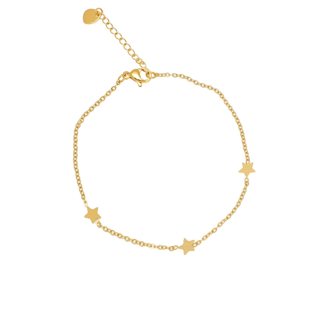 Dainty gold bracelet with multiple star charms from Zelly by Cornucopia Home and Gift, featuring delicate chain design.