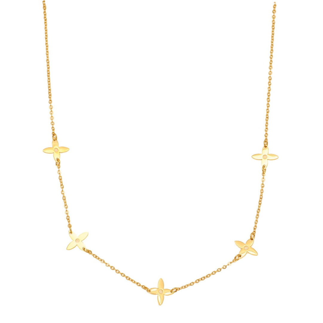 Zelly Multi Quatrefoil Gold Necklace with layered chain design, featuring intricate quatrefoil pendant, from Cornucopia Home and Gift.
