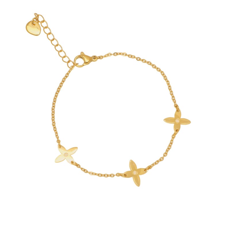 Zelly Multi Quatrefoil Gold Bracelet featuring intricate quatrefoil design, shiny gold finish, stylish jewelry accessory