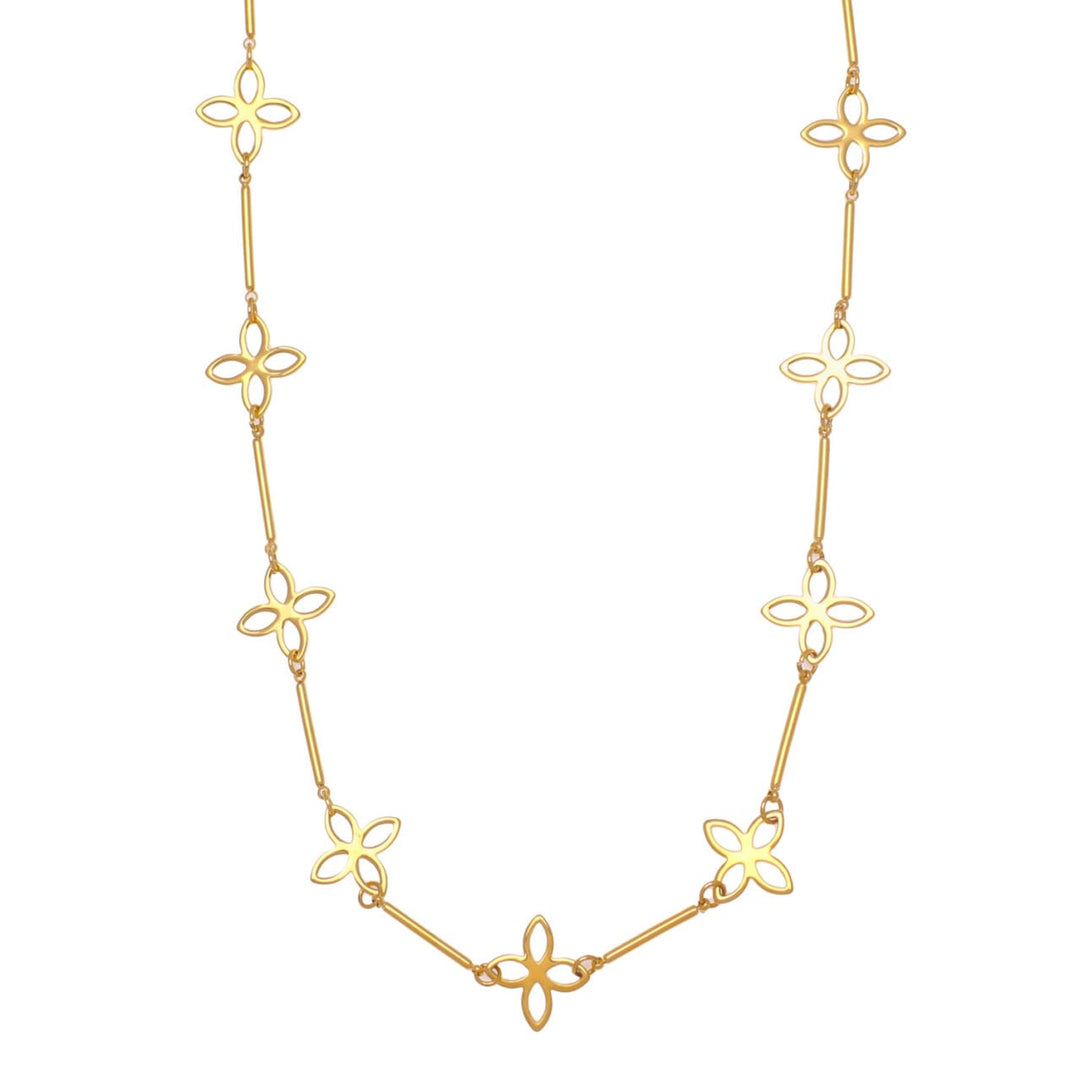 Gold Zelly Multi Open Quatrefoil Necklace with layered chain design, showcasing elegant geometric shapes and fine craftsmanship.
