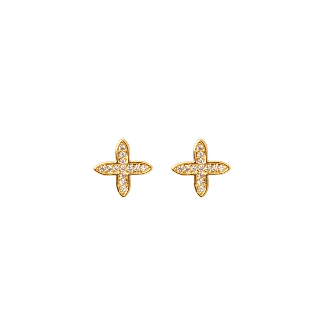 Gold cross stud constellation earrings by Zelly featuring star-shaped designs, perfect for everyday wear.