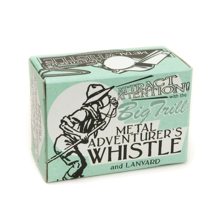 Metal adventurers whistle by Rex London, designed for outdoor exploration and adventure, with a compact, durable construction.
