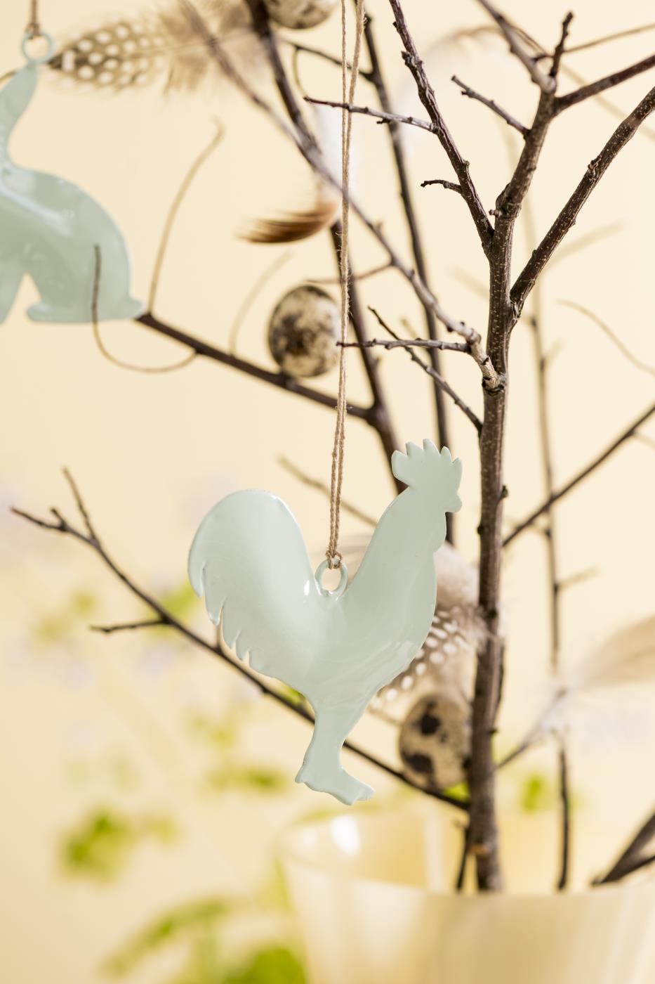 Pastel green hanging bunny and rooster decorations from IB Laursen Summer collection, displayed together in natural light.