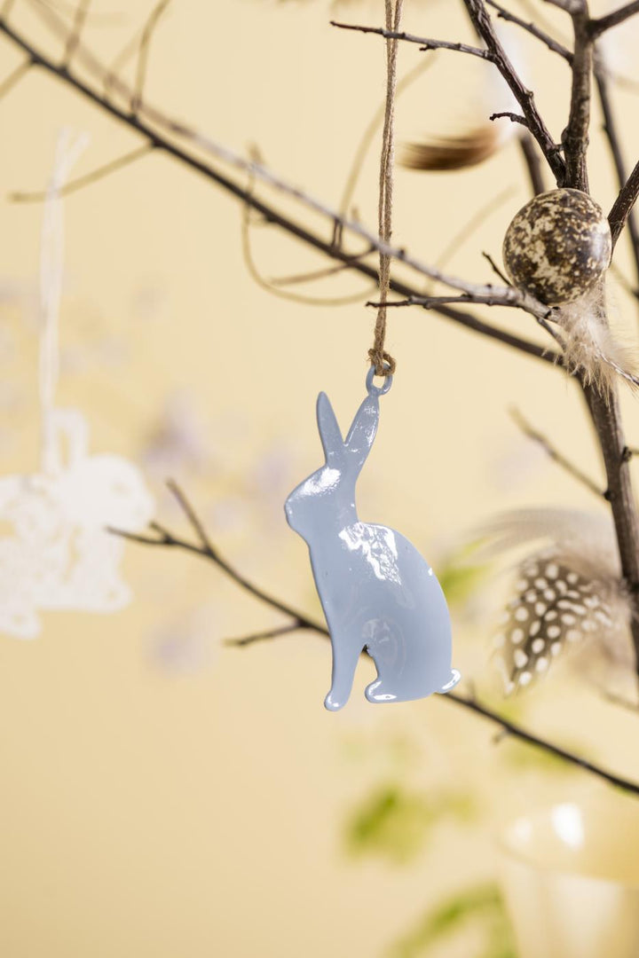 Pastel blue hanging bunny and rooster decorations from IB Laursen Summer by Cornucopia Home and Gift.