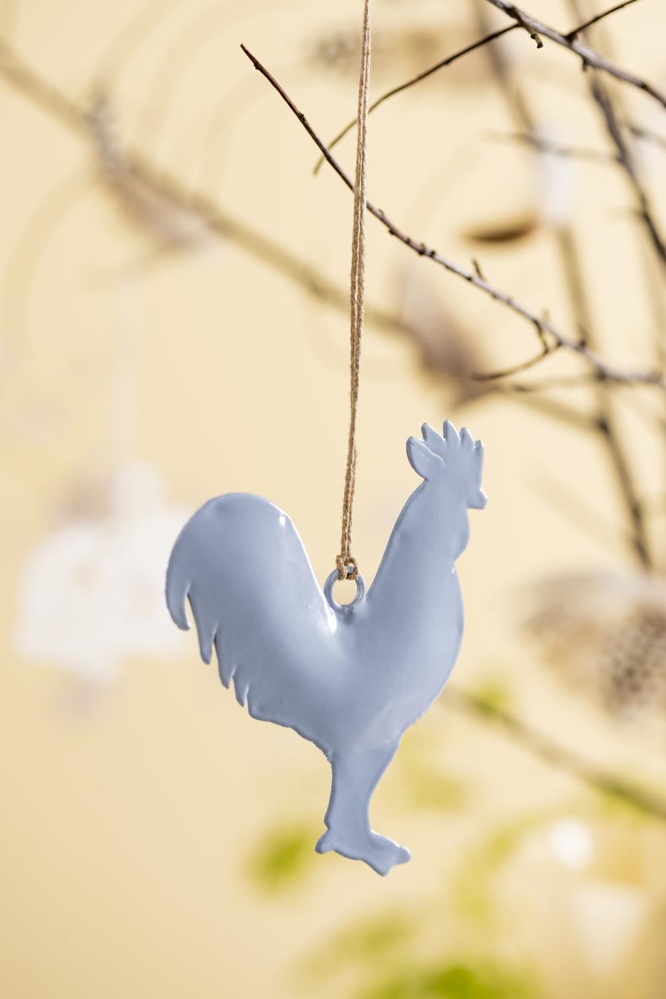 Pastel blue hanging bunny and rooster ornaments from IB Laursen Summer collection, crafted by Cornucopia Home and Gift.