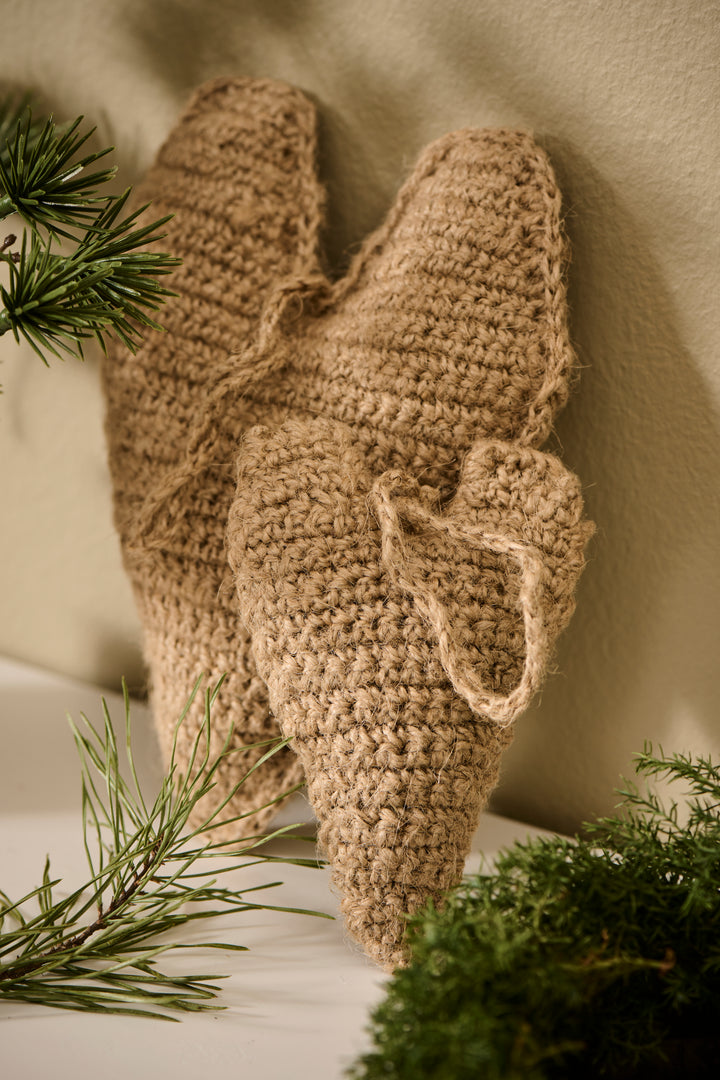 Small crocheted jute hanging heart for Christmas decor, by IB Laursen, from Cornucopia Home and Gift, with rustic handcrafted details.