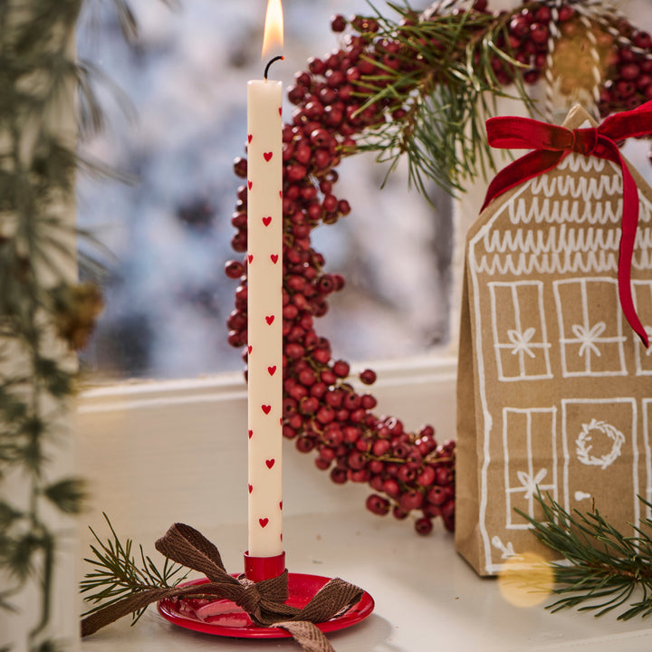 Stearin Taper Candle with Red Hearts