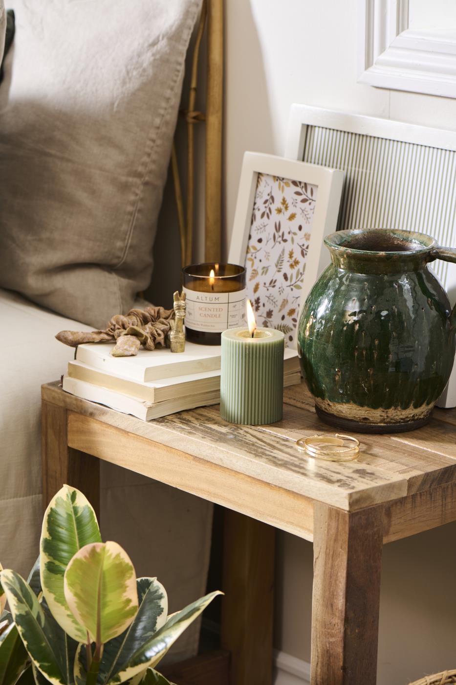 Pillar candle grooved dusty green