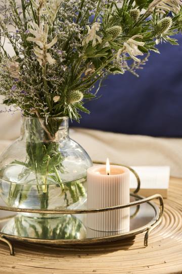 IB Laursen Summer grooved pillar candle in linen-colored paraffin wax, designed for decorative use.