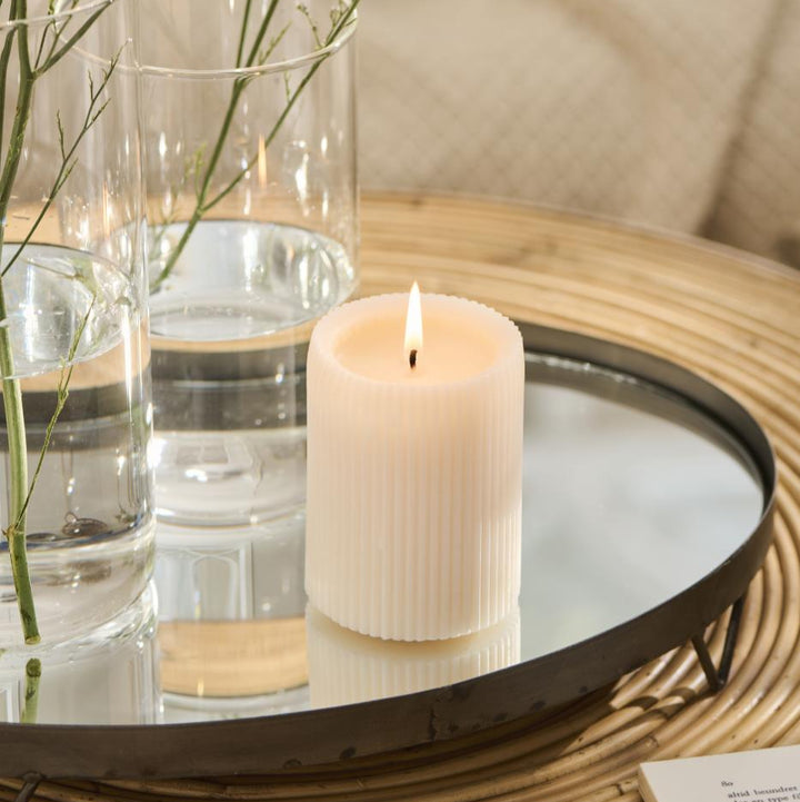 White grooved pillar candle from IB Laursen Summer collection by Cornucopia Home and Gift, made of paraffin wax.