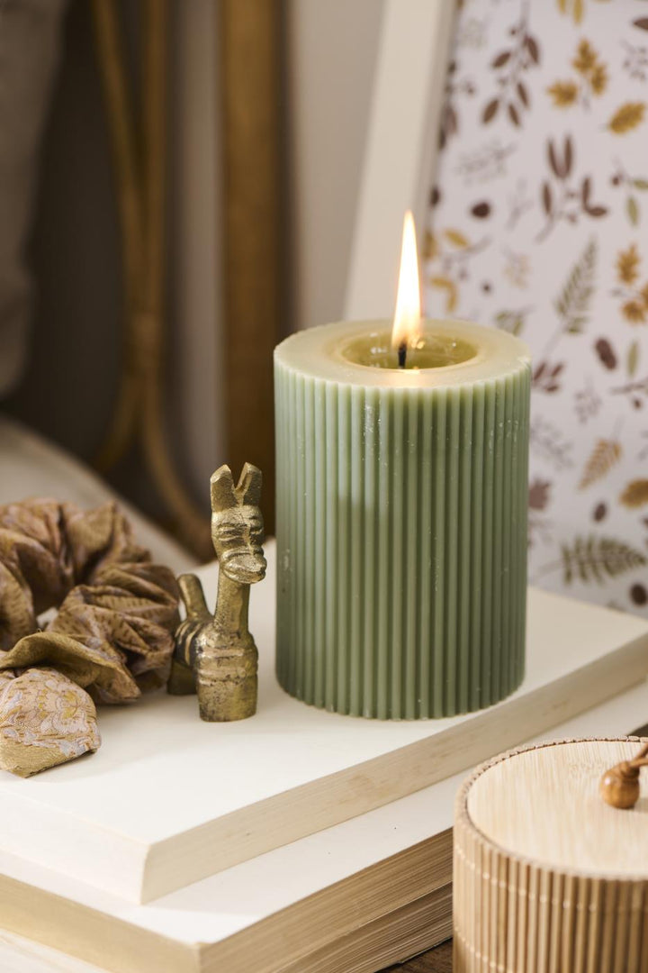 Pillar candle grooved dusty green
