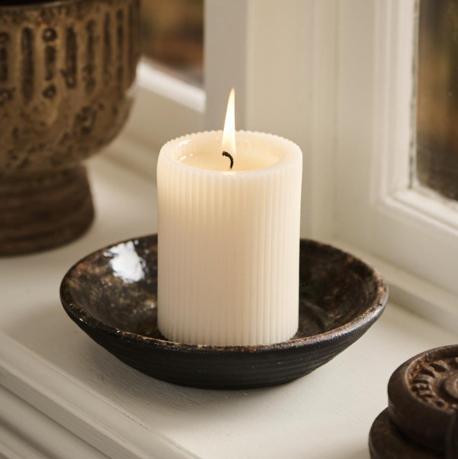 White grooved pillar candle from IB Laursen Summer collection, made of paraffin wax, by Cornucopia Home and Gift.