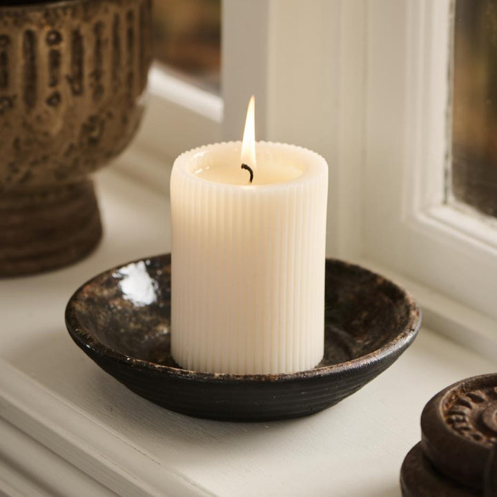 White grooved pillar candle from IB Laursen Summer collection, made of paraffin wax, by Cornucopia Home and Gift.