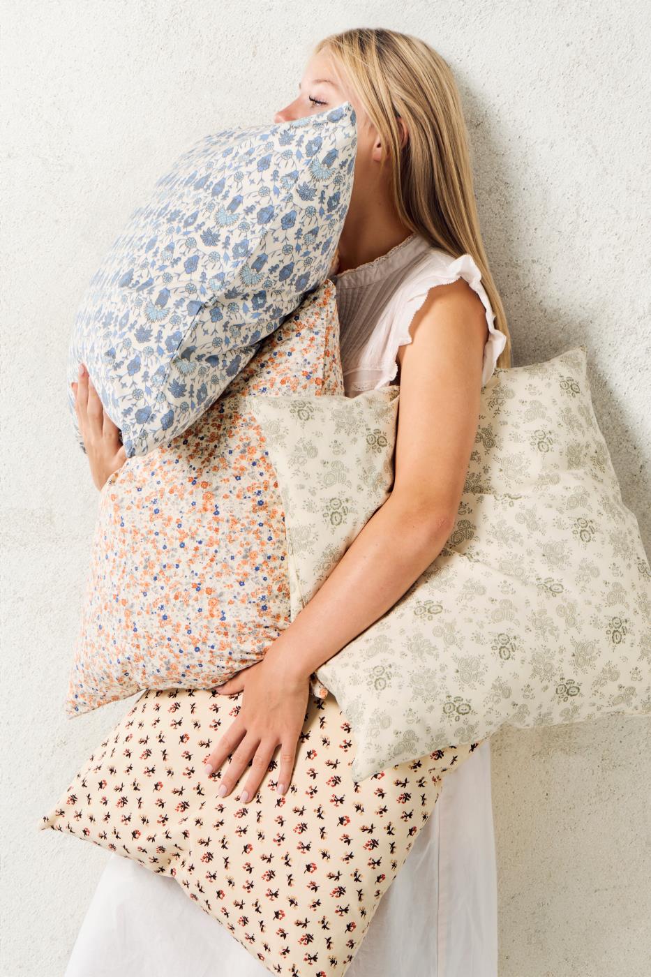 IB Laursen Anette floral cotton cushion cover in orange and blue, 50x50cm, perfect for summer decor.
