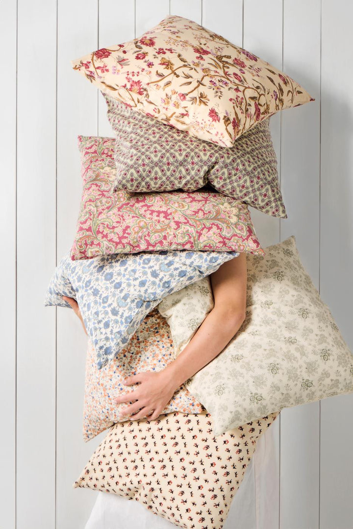 IB Laursen Angela natural cotton cushion with blue pattern, part of the Summer collection, featuring a soft, decorative design.