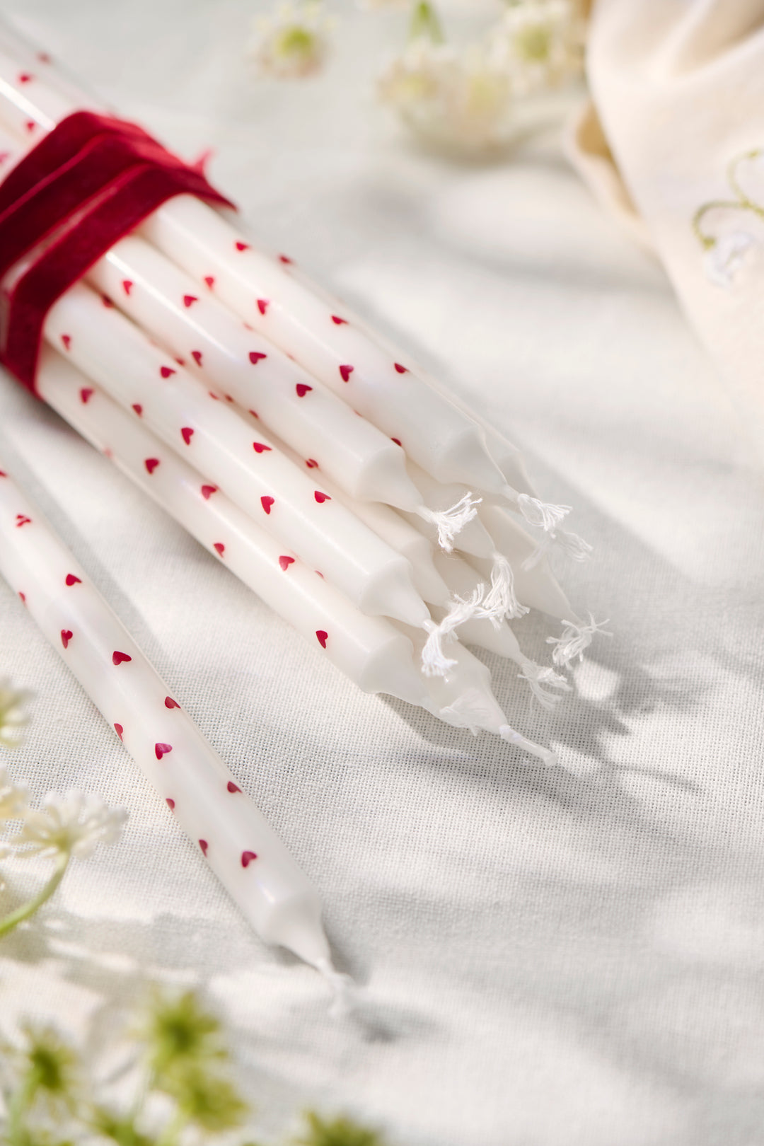 Stearin Taper Candle with Red Hearts