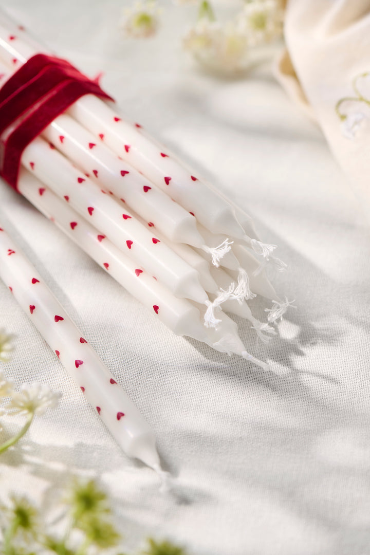 Stearin Taper Candle with Red Hearts