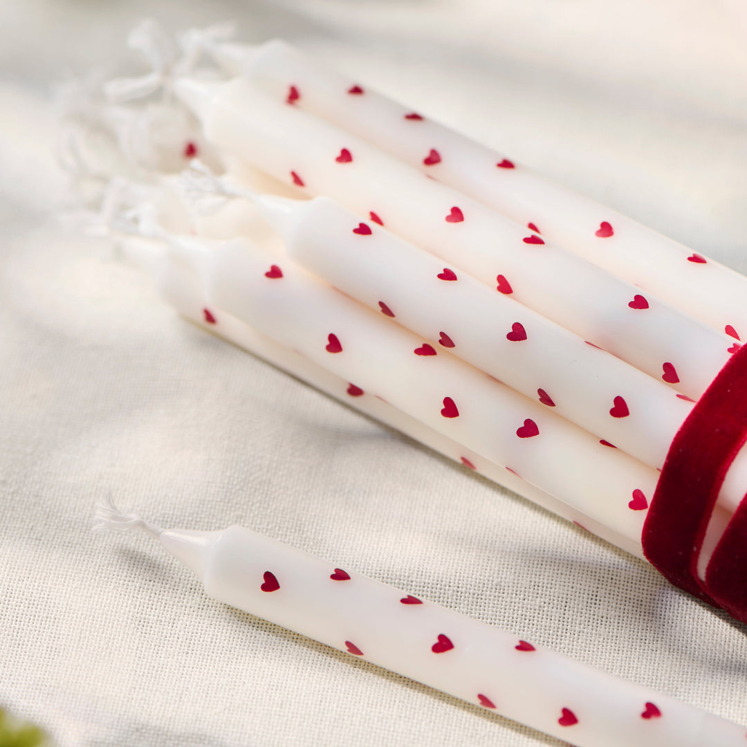 Stearin Taper Candle with Red Hearts