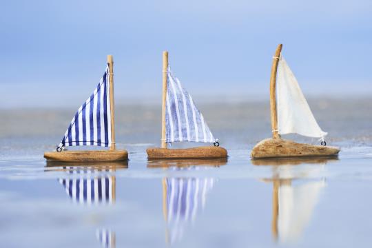IB Laursen Nautico miniature ship with single sail, decorative summer coastal decor by Cornucopia Home and Gift.