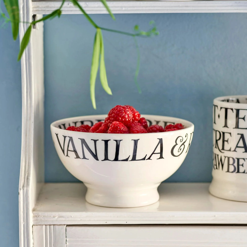 Emma Bridgewater Black Toast strawberries and cream French bowl with floral pattern, ceramic dish for serving or display.