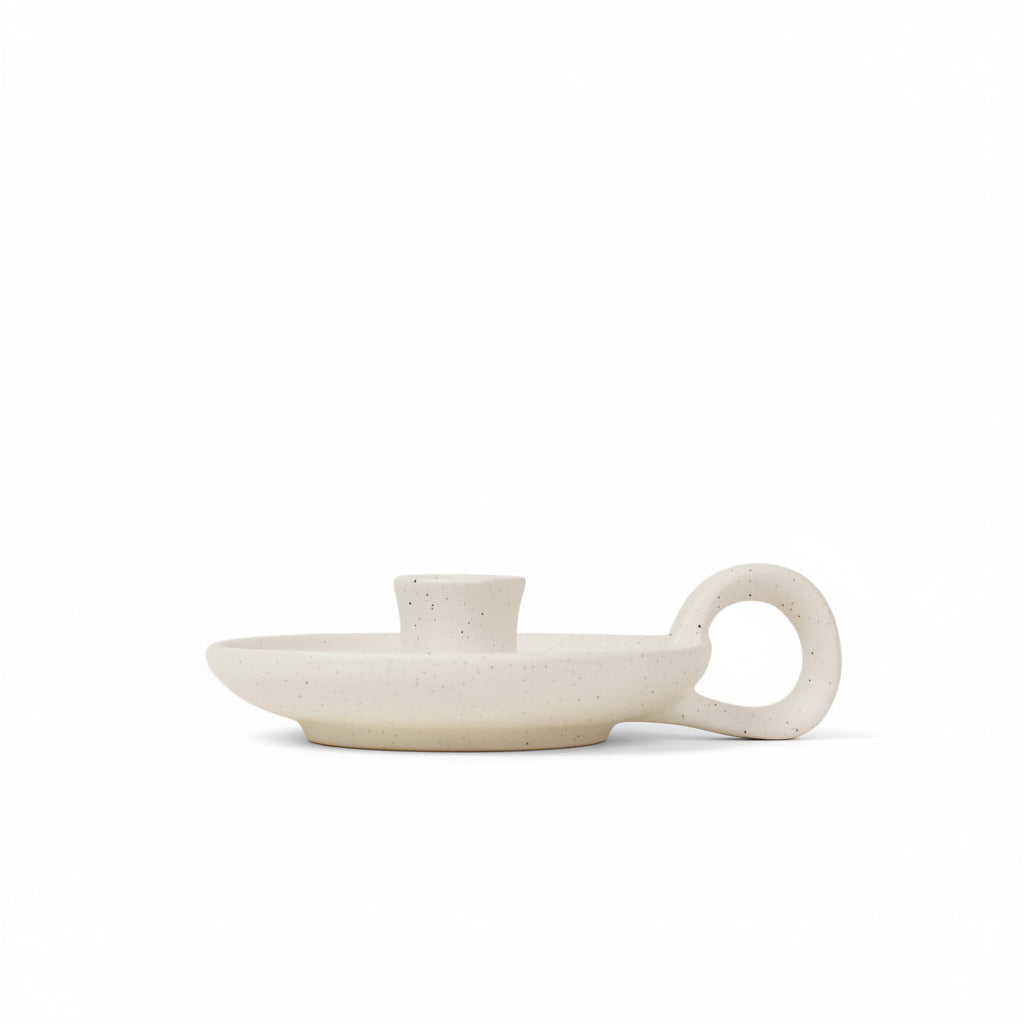 White Speckle 1/2" Candle Holder with Handle